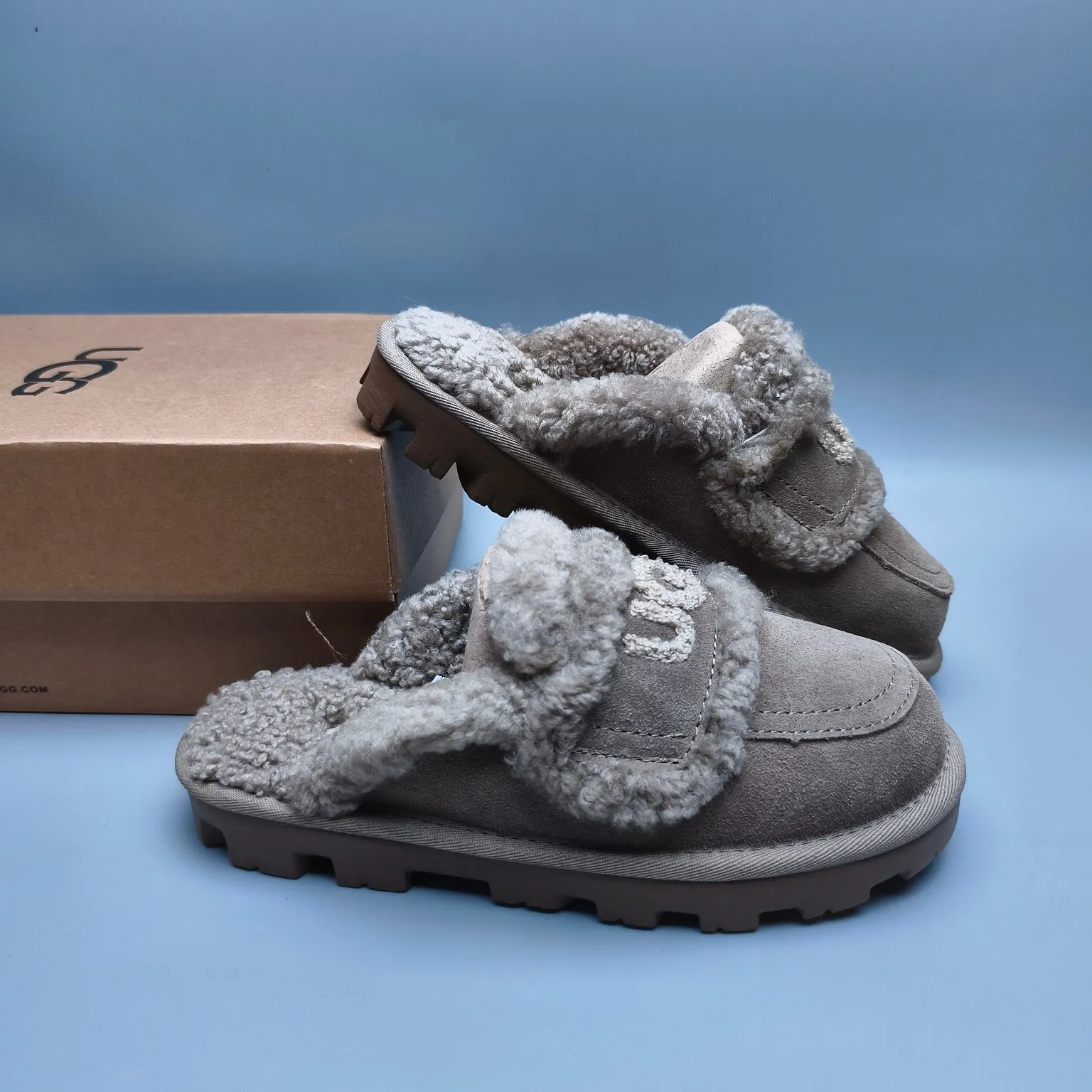 💰440 UGG sheepskin all-in-one snow boots 1206 curly large LOGO casual fur mop Color: maroon sand antelope brown Size: 35-40